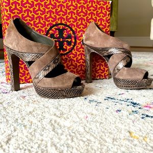 Tory Burch Suede and Snakeskin Crisscross Heels